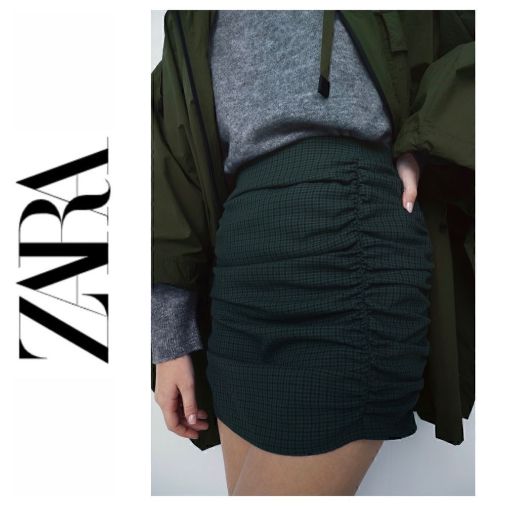 NWT Zara Green & Black Plaid Printed Draped Ruched Mini Skirt, Size Small